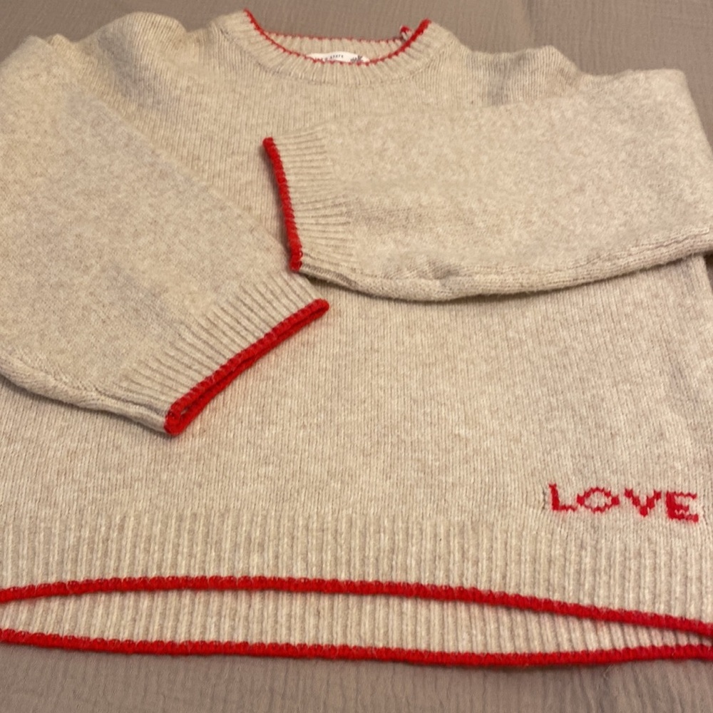 Altar'd State Cream Knit Sweater with Red Trim and 'LOVE' Accent. Size M - Picture 8 of 9